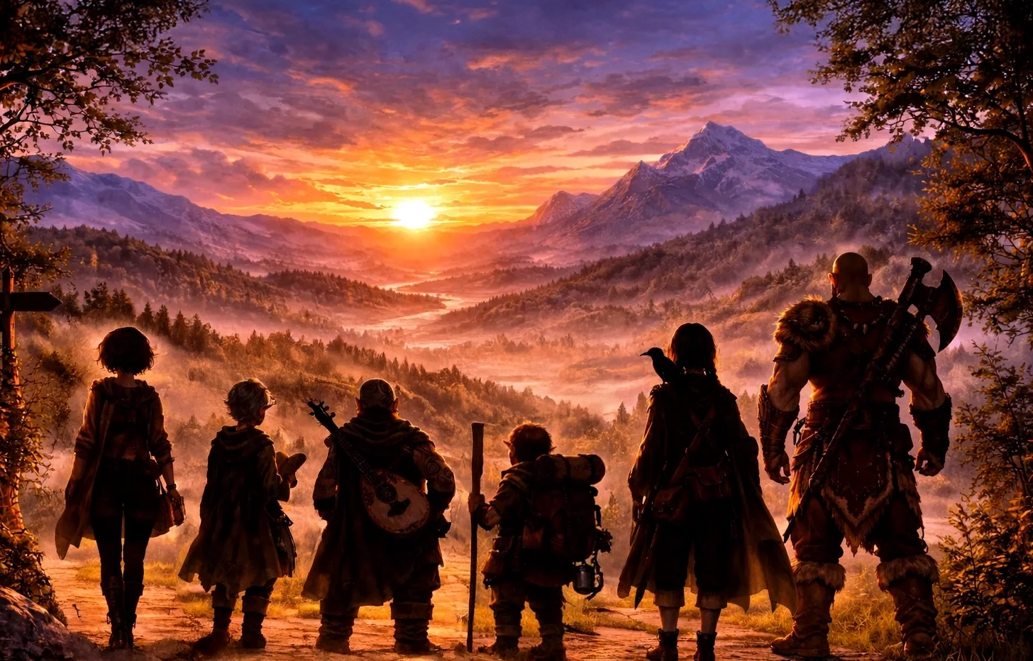 A fantasy party overlooking a mountain valley at sunset