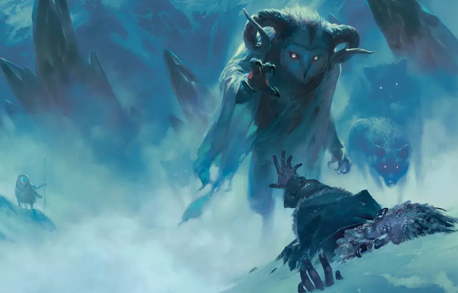 Adventurers facing a towering creature in a frozen wilderness